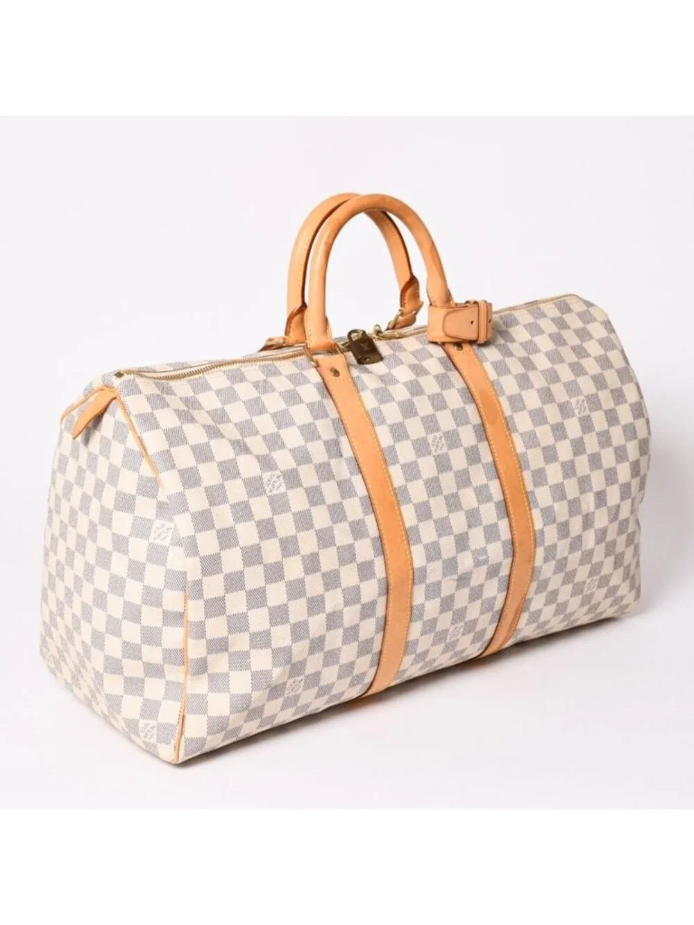 Louis Vuitton Keepall 50 Boston Bag Damier Azur Canvas Vachetta Leather White